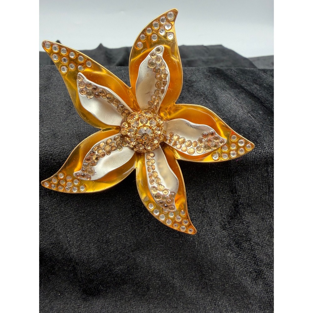 Avon NR Nina Ricci Gold Tone Flower Brooch Rhinestone Amber Crystal‎ Vintage Pin